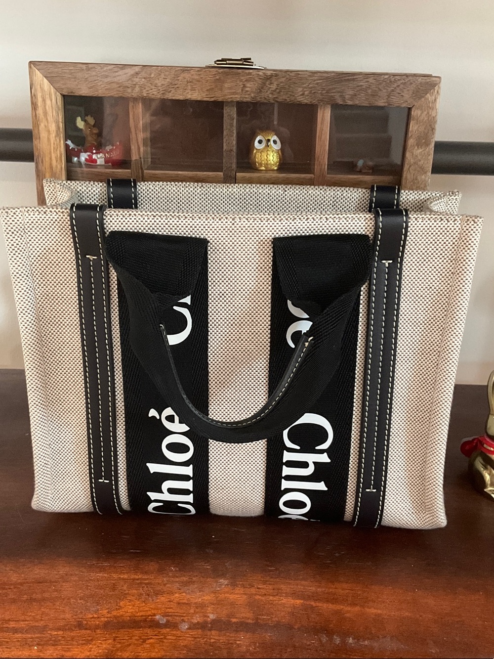 Chloé Beige Canvas and Black Logo Strap Tote